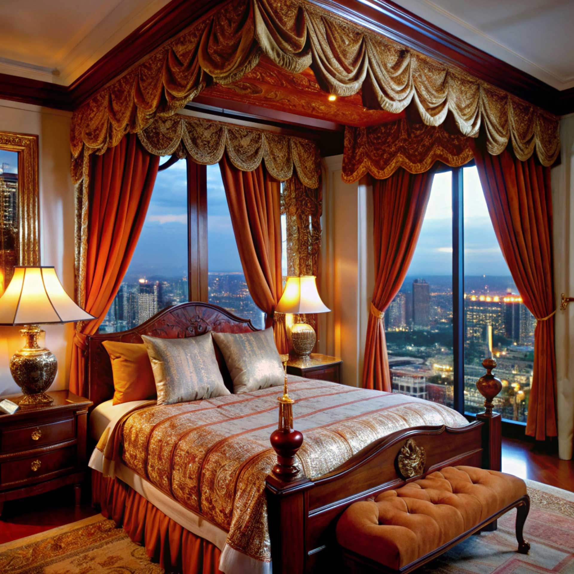 Luxury hotel room with elegant, custom-made blackout curtains
